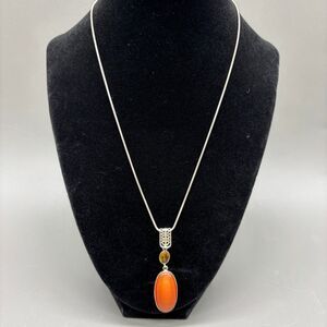 Sterling Silver 925 Cats Eye Pendant Necklace Orange Oval Statement Drop 18"